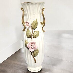 Mid-Century Bud Vase - White, Rose, Gold - handpainted.